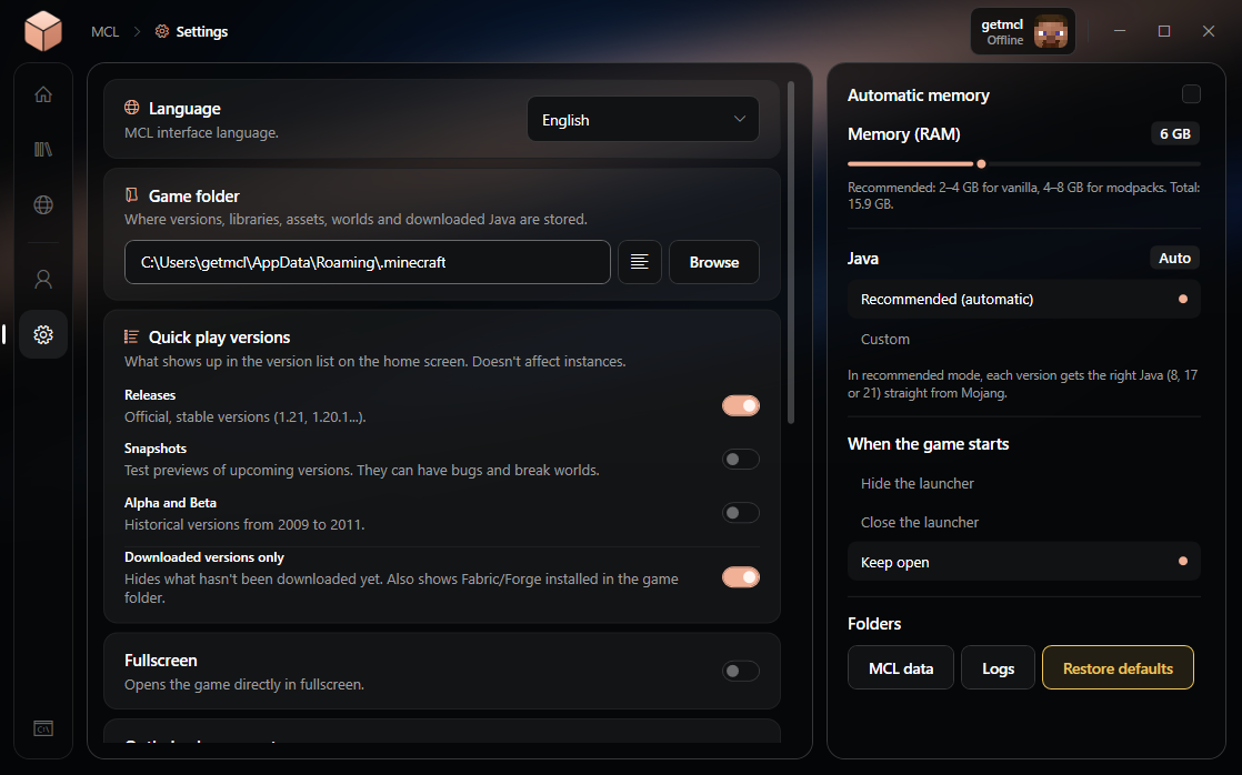 MCL settings with game versions, optimized arguments, memory and Java options
